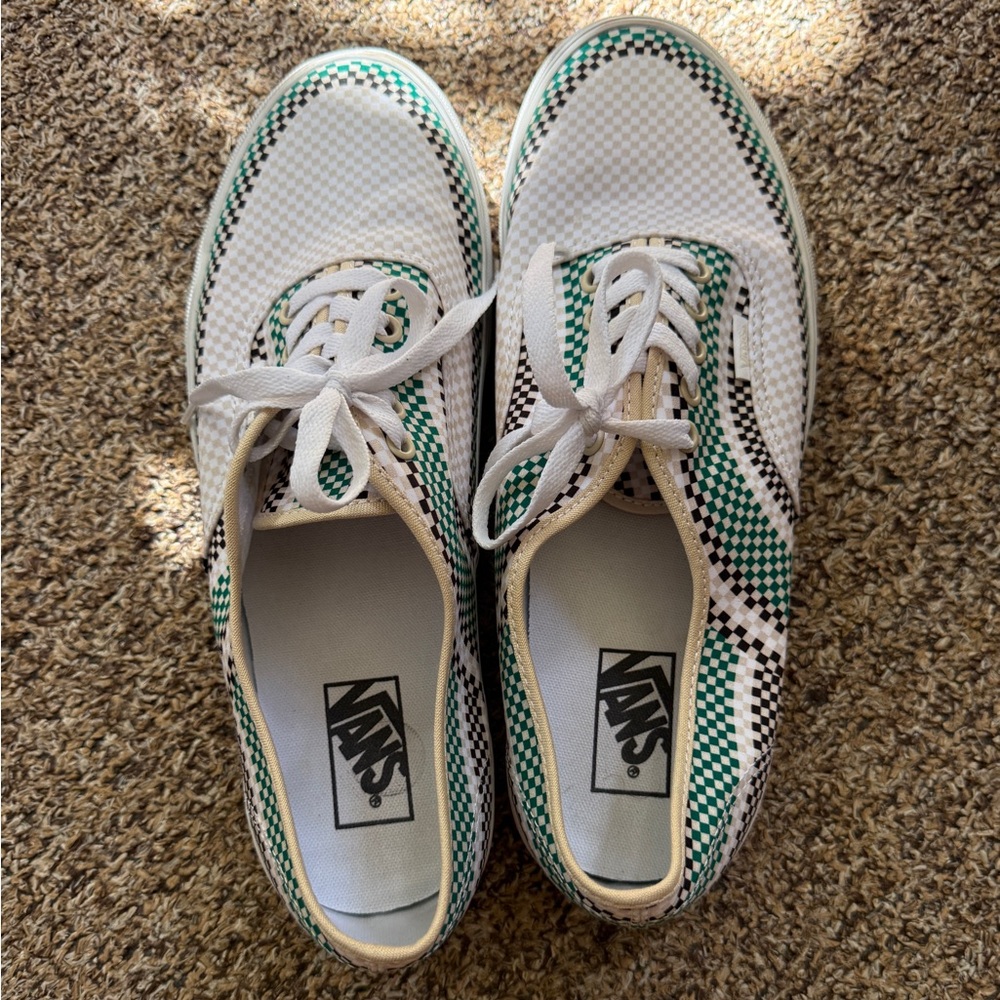 Vans Mens Checkered Sneakers - White, Green, and Black